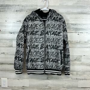 Encrypted Savage Graffiti Newsprint Quilted Letterman Hooded Jacket Size Large